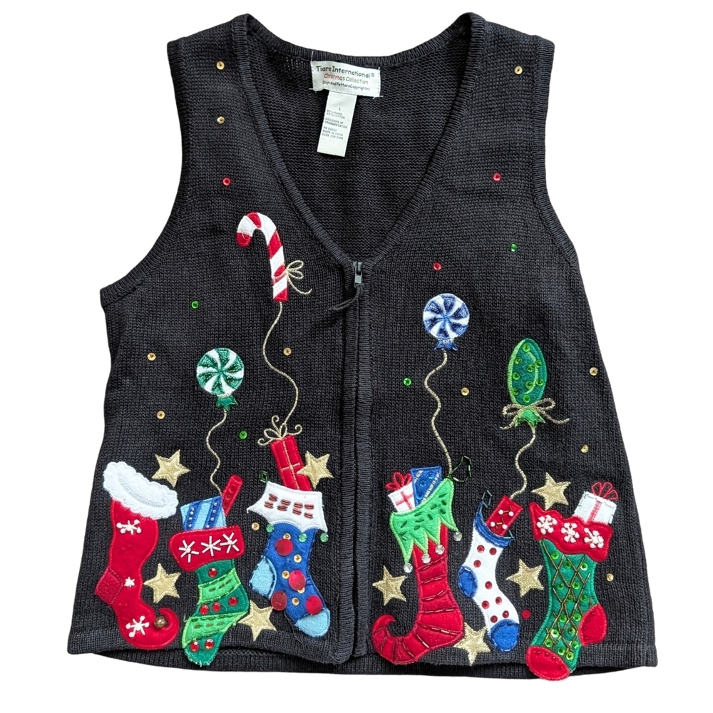 Tiara International Christmas Collection Black Festive Stocking Holiday Vest L